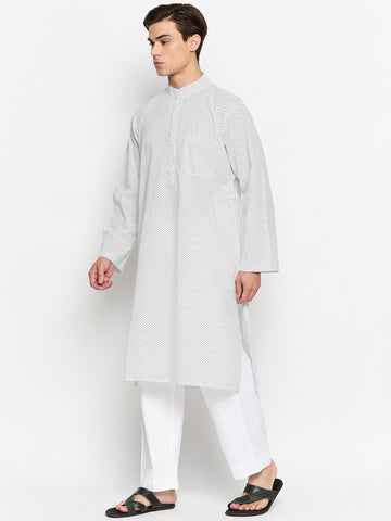 Cotton Fabric White Polka Dot Printed Kurta Pajama Set For Men