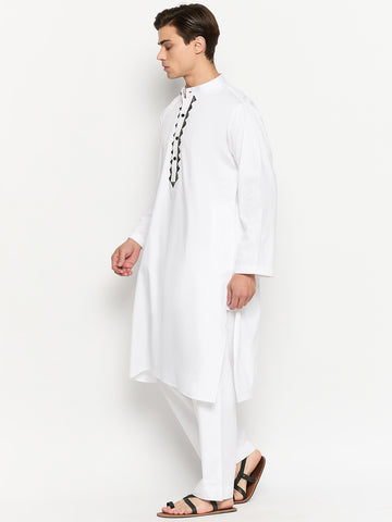 Embroidery Details Cotton Fabric Men's White Kurta Pajama Set