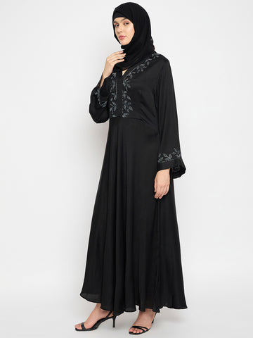 Hand Work Detailing Black Solid Luxury Abaya Burqa With Black Georgette Hijab