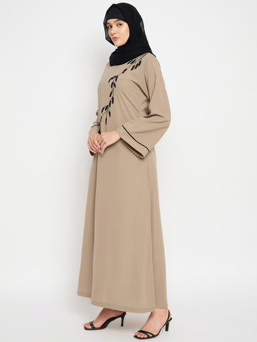 Nabia Beige Solid Luxury Abaya Burqa For Women With Hand Work Detailing