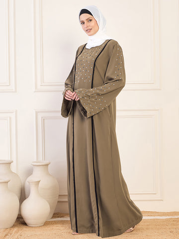 Nabia Oat(Khaki) Solid Luxury Handwork & Black Piping Detailing Abaya Burqa for Women With White Hijab