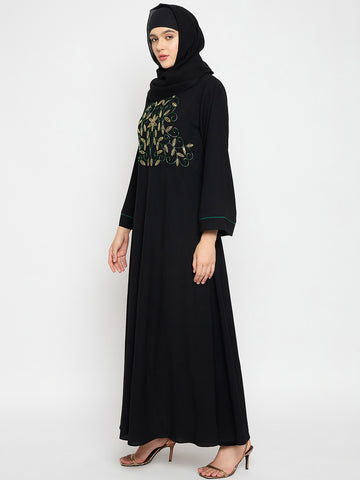 Hand Work Detailing Black Solid Luxury Abaya Burqa for Women With Black Hijab