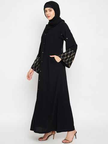 Nabia Nida Matte Black Solid Luxury Abaya Burqa For Women With Hand Work Detailing