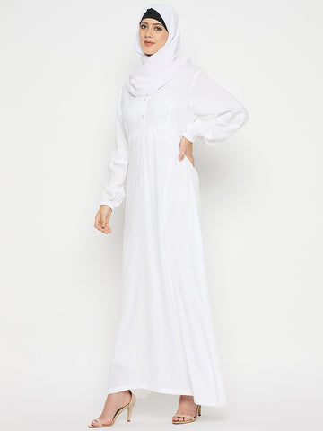 White Rayon V-Neck Solid Abaya with Black Hijab for Women