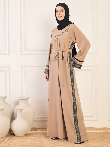 Nabia Beige Solid Luxury Handworked Abaya Burqa for Women with Black Hijab