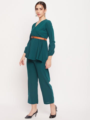 Nabia Women Bottle Green Solid Co-Ord Set