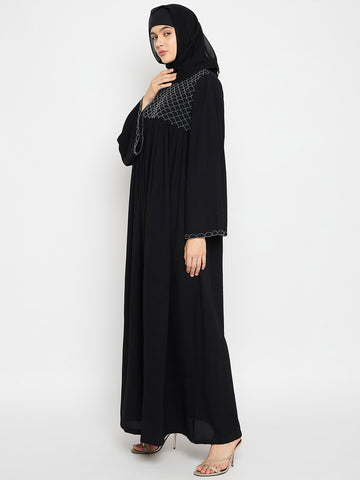 Nabia Black Solid Luxury Abaya Burqa with Hand Work Detailing for Women