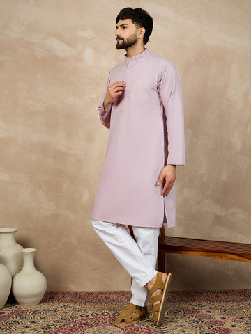 Nabia Solid Mandarin Collar Relaxed Straight Cotton Kurta For Men