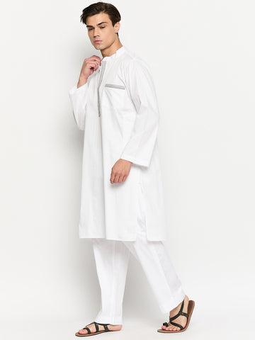 Cotton Fabric Thread Design White Kurta Pajama Set For Men