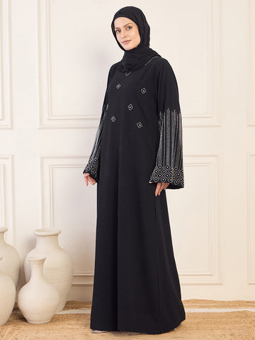 Nabia Black Solid Luxury Handworked Abaya Burqa for Women with Black Hijab