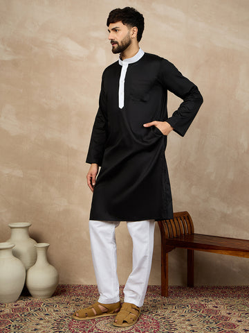 Nabia Solid Mandarin Collar Cotton Black Kurta and White Pajama Set For Men