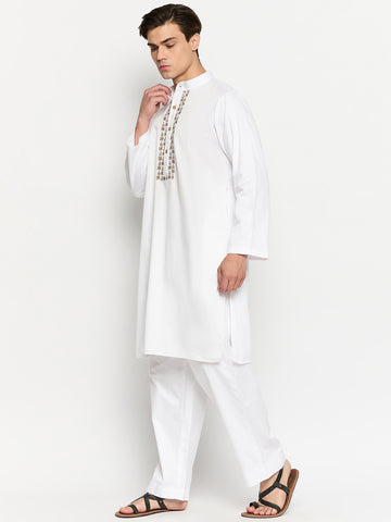 White Solid Cotton Fabric Embroidery Details Men's Kurta Pajama Set