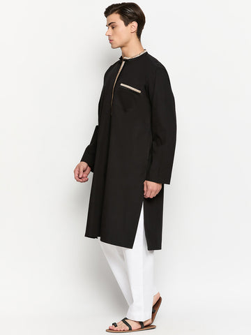 Black Solid Embroidery Details Men's Kurta With Long Sleeves