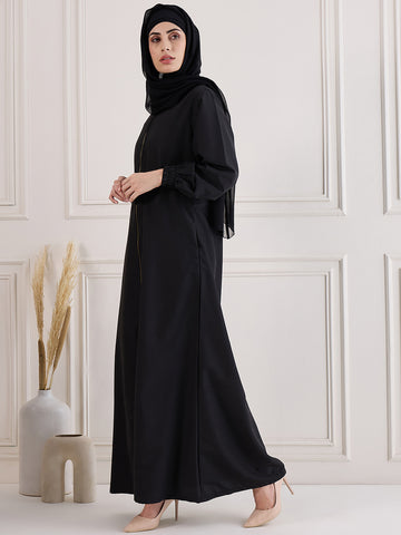 Nabia Front Open Zip-Closure Black Abaya Burqa With Black Georgette Hijab