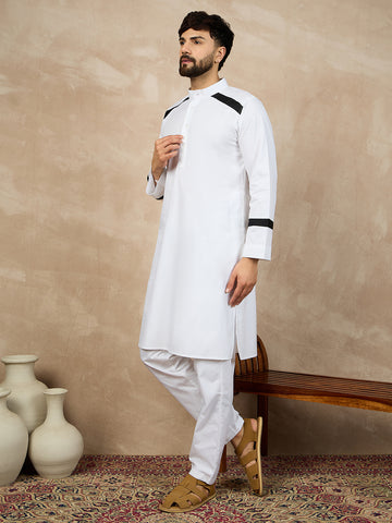 Nabia White Solid Mandarin Collar Cotton Kurta For Men