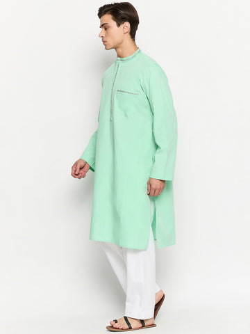 Sea Green Solid Embroidery Details Kurta For Men