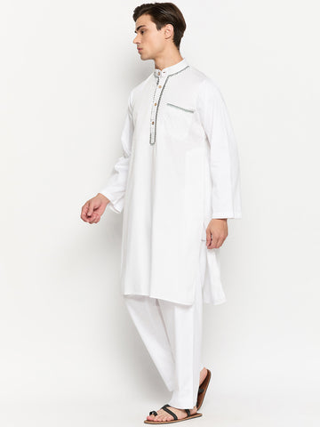 White Solid Embroidery Details Kurta For Men