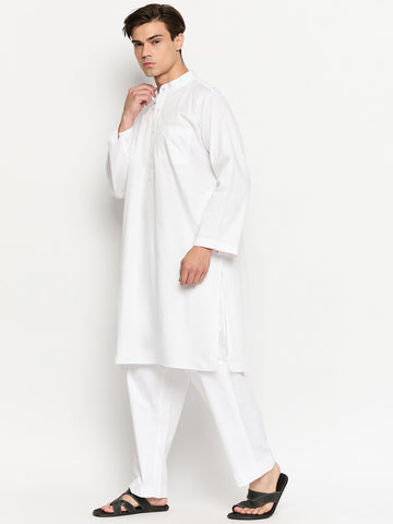 Cotton Fabric White Solid Kurta Pajama Set For Men