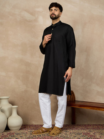 Nabia Black Solid Mandarin Collar Cotton Kurta For Men