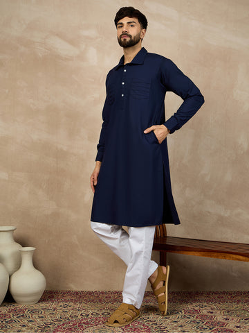 Nabia Solid Shirt Collar Blue Cotton Kurta and White Pajama Set for Men