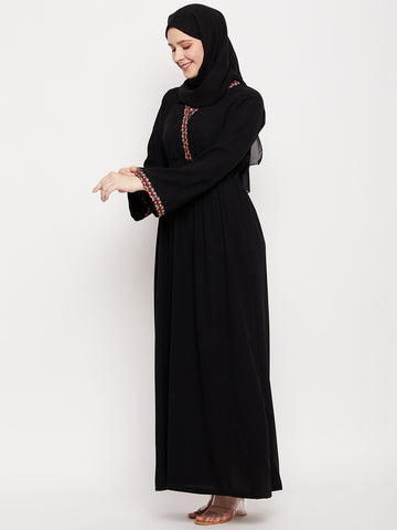 Nabia Women Black Solid Abaya Burqa With Black Georgette Scarf