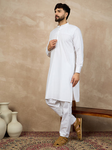 Nabia Solid White Cotton Kurta and Pajama Set for Men with Mandarin Collar