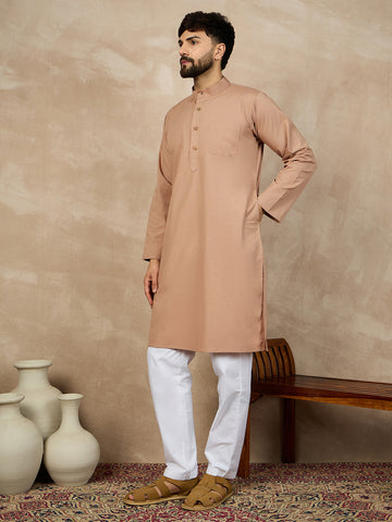 Nabia Beige Solid Mandarin Collar Cotton Kurta For Men