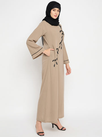 Nabia Beige Solid Luxury Abaya Burqa For Women With Hand Work Detailing