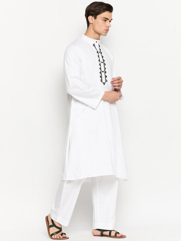 Embroidery Details Cotton Fabric Men's White Kurta Pajama Set