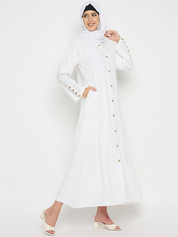 Front Open Solid White Rayon Abaya Burqa with Black Hijab for Women