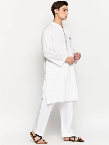 Thread Design White Solid Kurta For Men