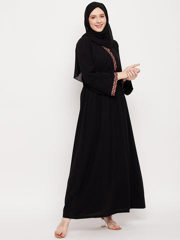 Nabia Women Black Solid Abaya Burqa With Black Georgette Scarf