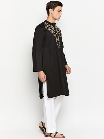 Black Solid Men's Kurta Pajama Set With Embroidery Details