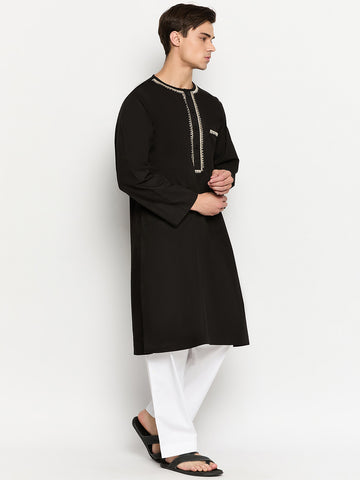 Black Solid Cotton Fabric Embroidery Details Men's Kurta Pajama Set