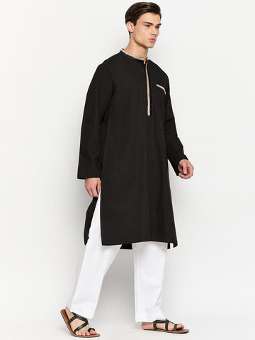 Black Solid Embroidery Details Men's Kurta With Long Sleeves