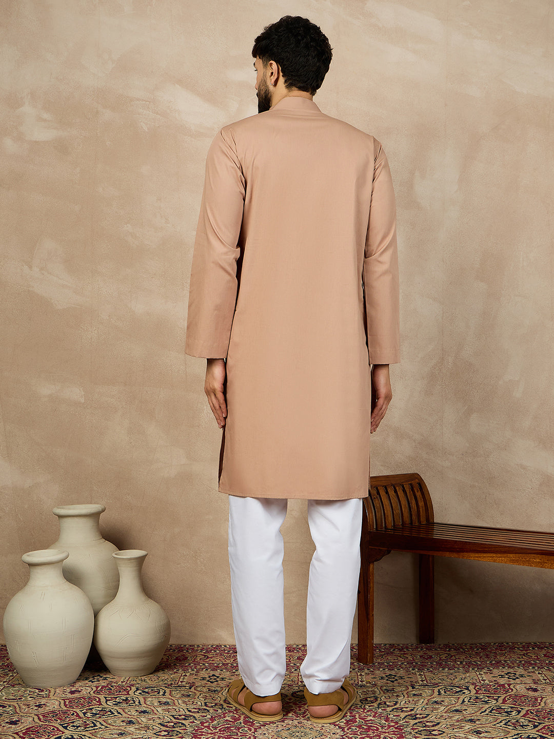 Nabia Beige Solid Mandarin Collar Cotton Kurta For Men