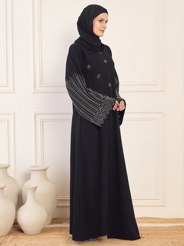 Nabia Black Solid Luxury Handworked Abaya Burqa for Women with Black Hijab