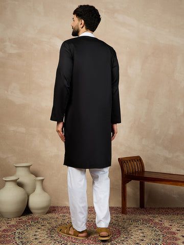 Nabia Solid Mandarin Collar Cotton Black Kurta and White Pajama Set For Men