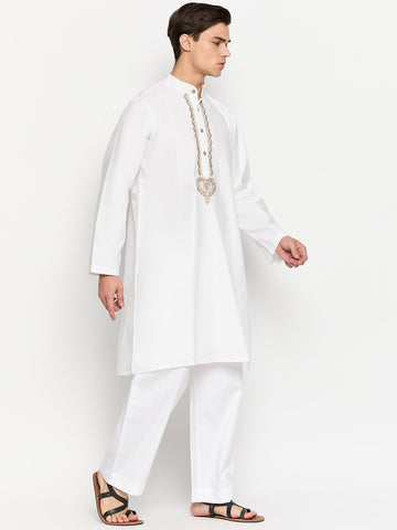 White Solid Cotton Fabric Men's Kurta Pajama Set