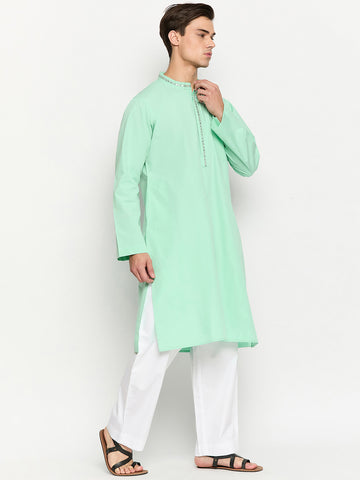 Sea Green Solid Embroidery Details Kurta For Men