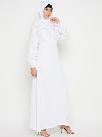 White Rayon V-Neck Solid Abaya with Black Hijab for Women