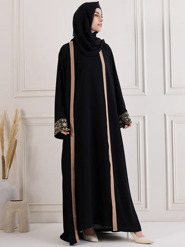 Nabia Black Solid Embroidered Shrug Set with Inner & Matching Black Hijab for Women