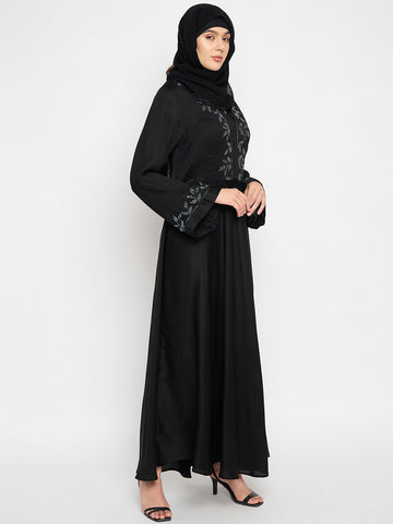 Hand Work Detailing Black Solid Luxury Abaya Burqa With Black Georgette Hijab