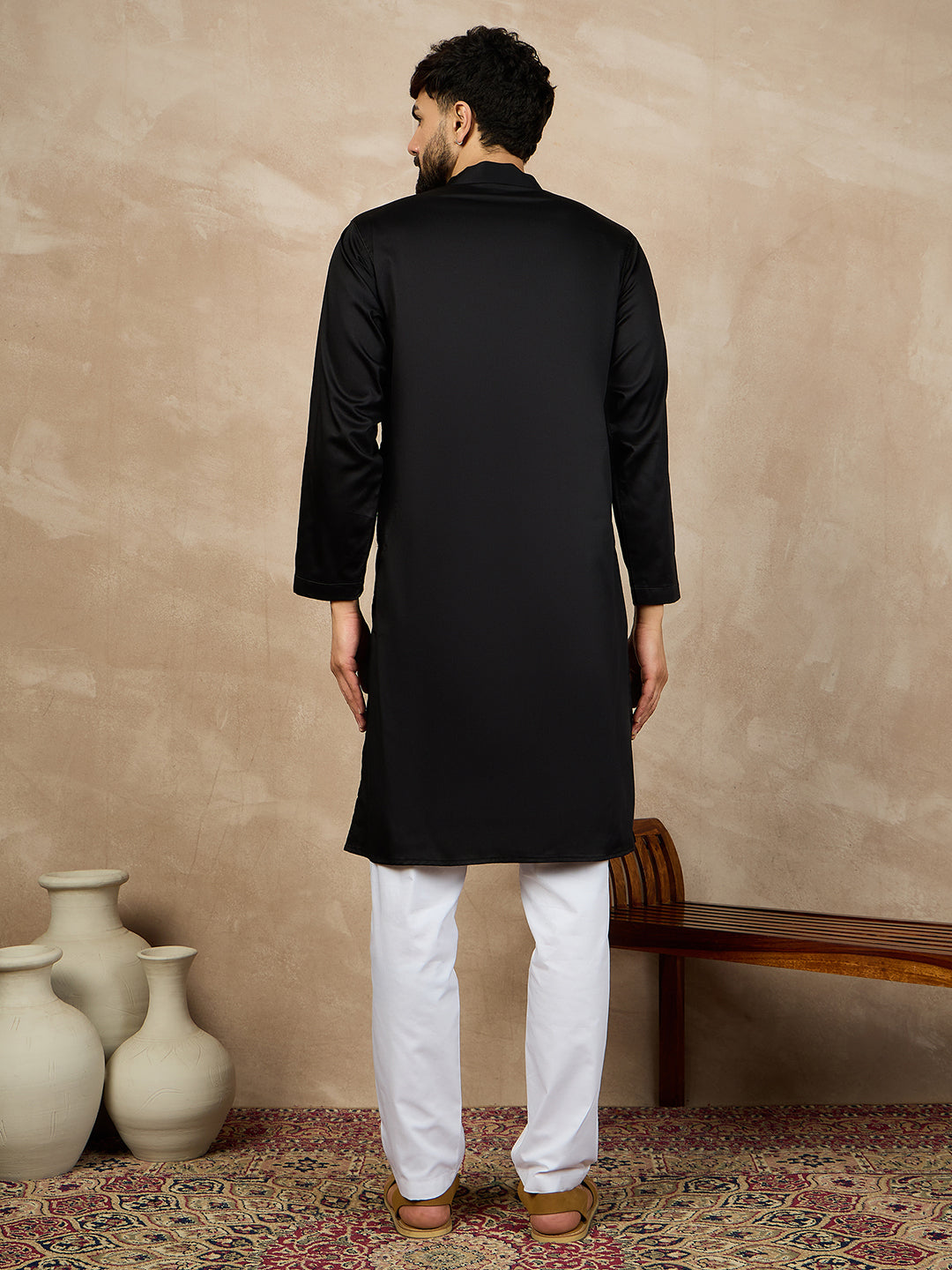 Nabia Black Solid Mandarin Collar Cotton Kurta For Men