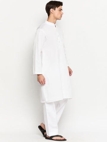 Cotton Fabric White Solid Kurta Pajama Set For Men