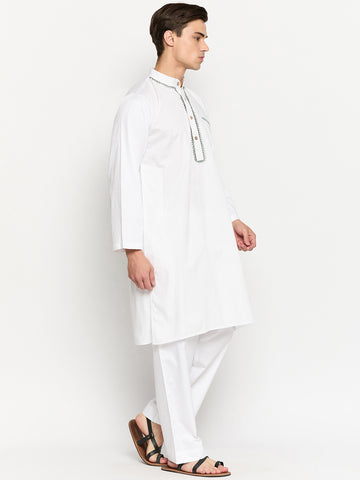 White Solid Embroidery Details Kurta For Men