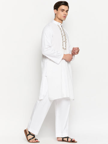 White Solid Cotton Fabric Embroidery Details Men's Kurta Pajama Set