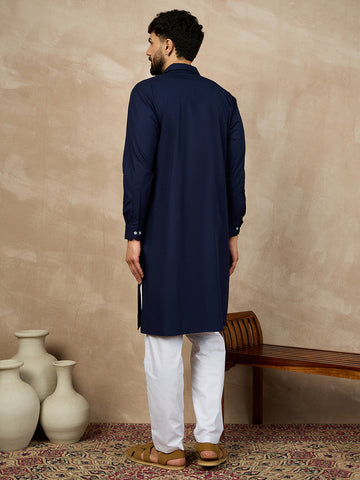 Nabia Solid Shirt Collar Blue Cotton Kurta and White Pajama Set for Men