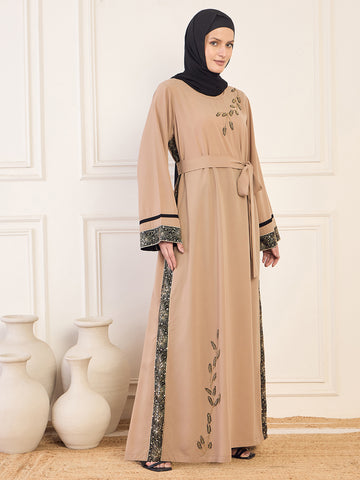 Nabia Beige Solid Luxury Handworked Abaya Burqa for Women with Black Hijab