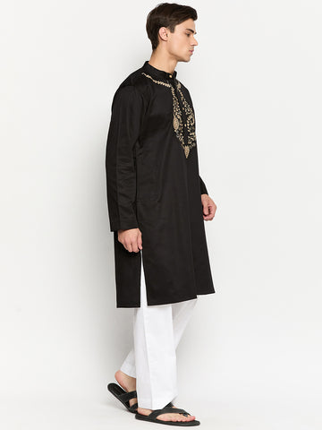 Embroidery Details Solid Long Sleeves Black Kurta For Men